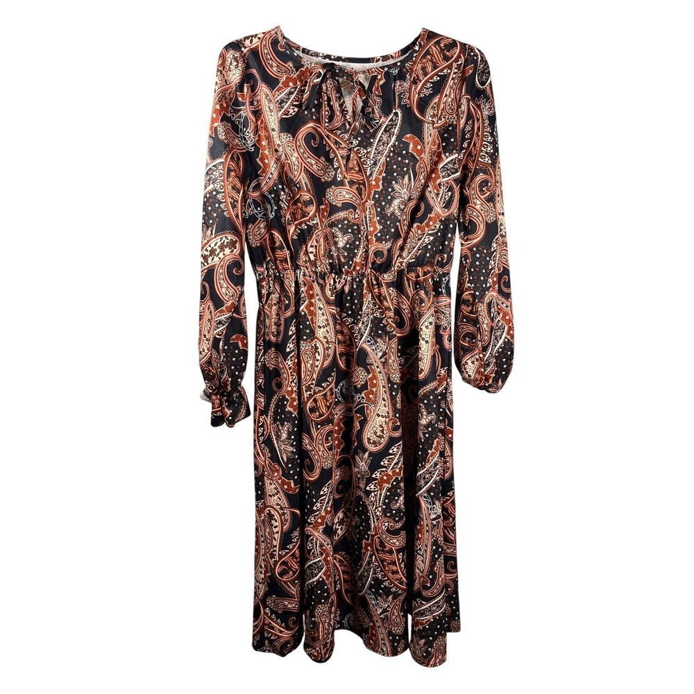 Paisley Print Long Sleeve Midi Dress Elastic Waist Tie Neck